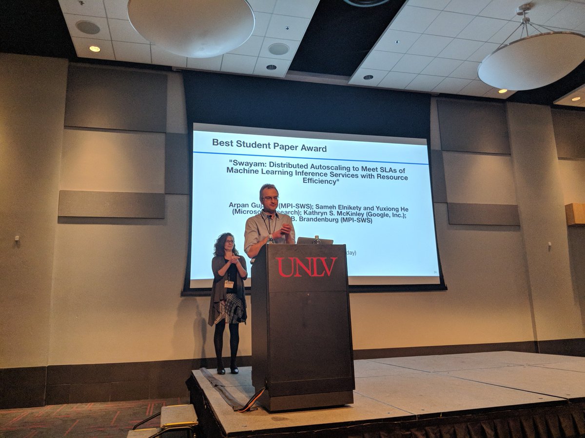 The Best Student Paper award goes to "Swayam: Distributed Autoscaling to Meet SLAs of Machine Learning Inference Services with Resource Efficiency" by Arpan Gujarati, Sameh Elnikety, Yuxiong He, Kathryn S. McKinley  and Björn B. Brandenburg #middleware