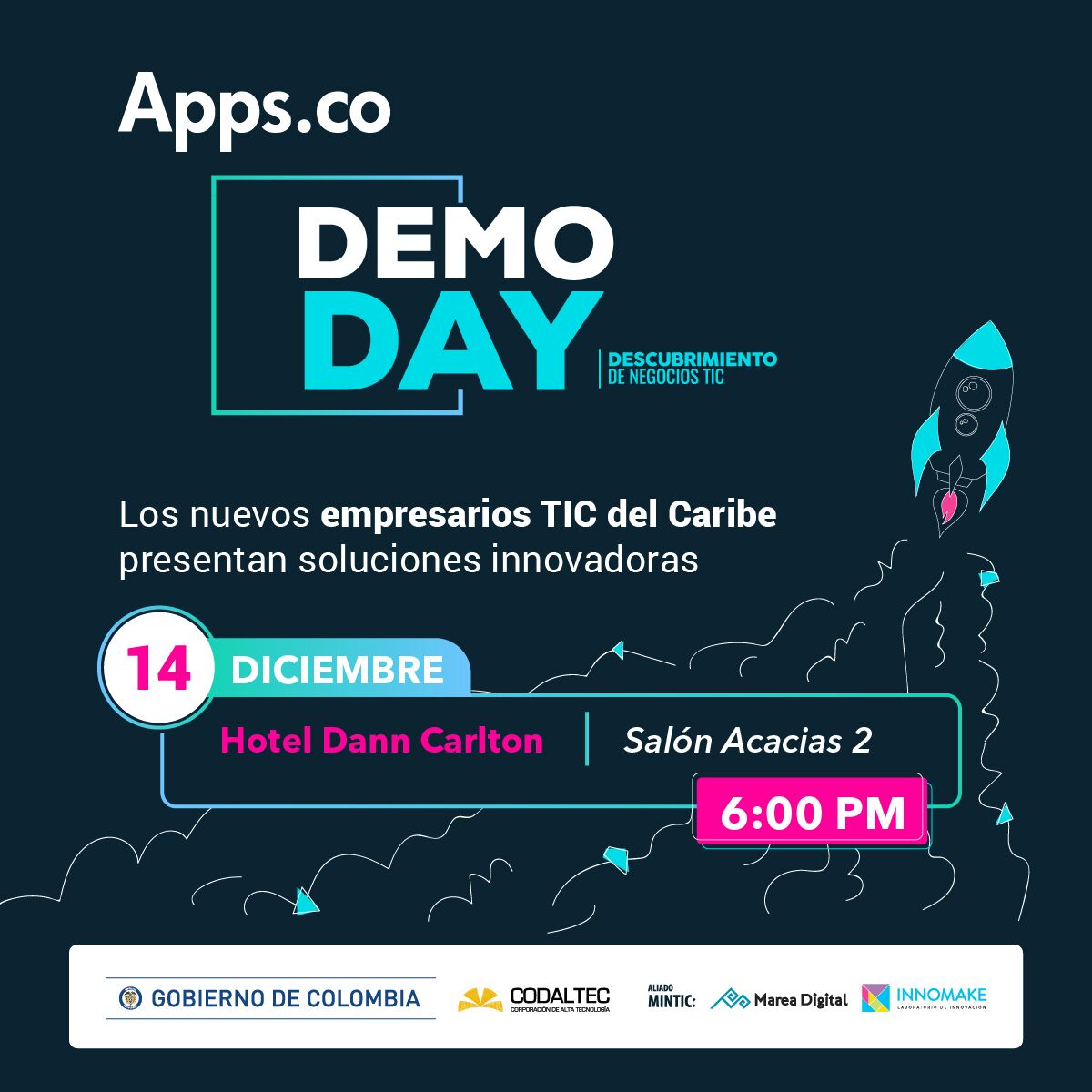 appscobquilla's tweet photo. Mañana 14 de Diciembre se llevara a cabo Demo Day #AppsCoEnBarranquilla @AppsCo @Ministerio_TIC  Descubrimiento de Negocios, los nuevos empresarios  TIC del Caribe presentaran sus iniciativas de negocios con soluciones innovadoras. #MareaDigital @innomakeCO  @Codaltec #MinTIC https://t.co/yqHvymj84t