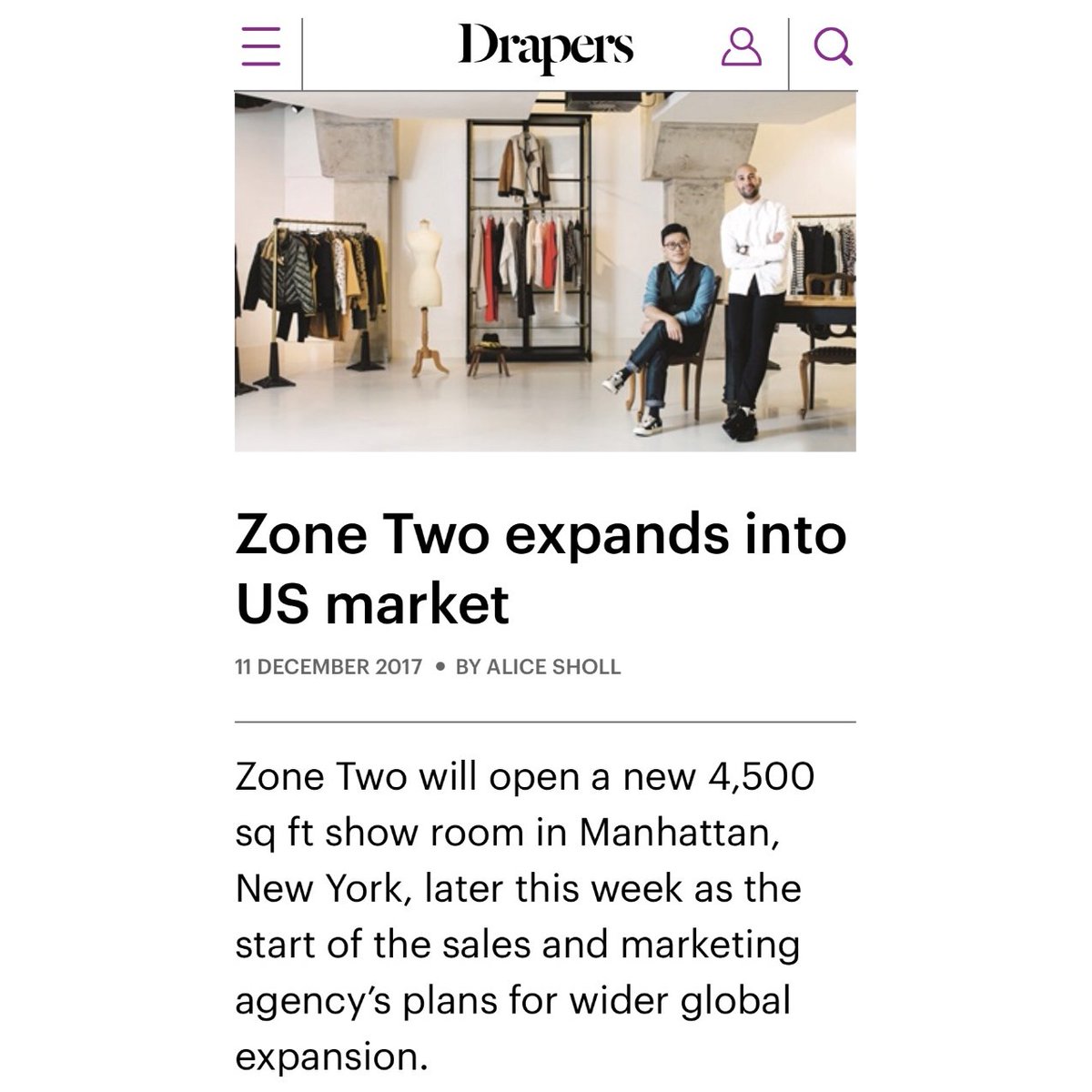 ZoneTwoUK's tweet photo. We have been featured on @drapers this week discussing all things @zonetwous and our plans for expansion ๐ฅ Read more here: https://t.co/KTfDx7bvTV #zonetwouk #zonetwous #drapers #nyc https://t.co/JPQQmXmOEj