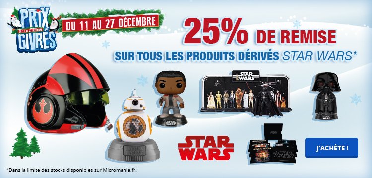 Micromania_Fr's tweet photo. Nos prix givrés fêtent également la sortie du nouveau Star Wars ! 

Profitez d'une remise exceptionnelle de 25 % sur les produits dérivés Star Wars ! Rendez-vous sur notre site (https://t.co/CBXSv4Okcp) et en magasin ! https://t.co/ewWfQJtscO