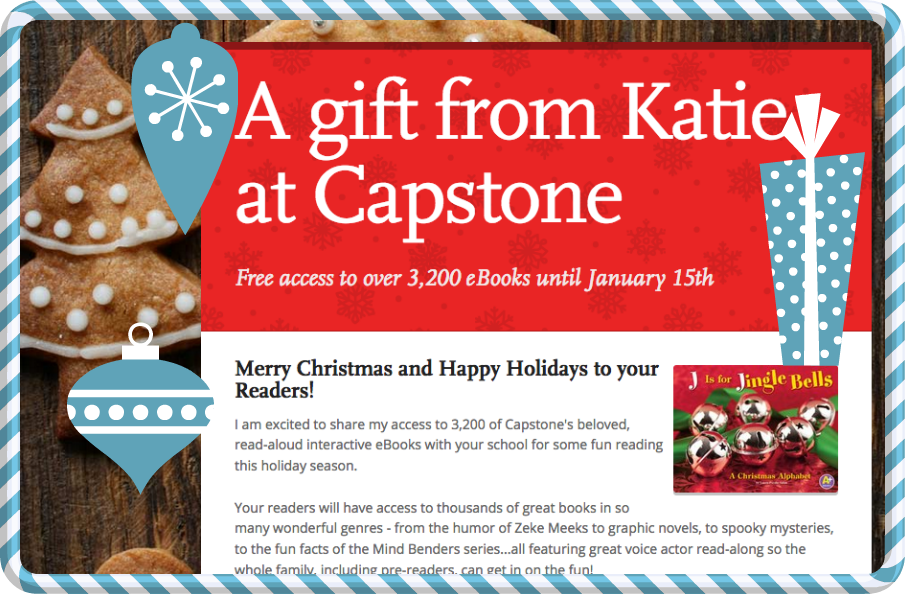 GwynethJones's tweet photo. Super FREE  @CapstonePub eBook Download GIFT for your kiddos TO READ During Winter Break! --->Thanks @katiebcapstone!  ❤️ w/ printable BOOKMARKS, too! 
https://t.co/eQSF2JVJ5a
(I even called her to make sure I could share this w/YOU!) YAY!
#EdChat #TLChat #EngChat @hcpss_mhms https://t.co/P9YoXG2KbX
