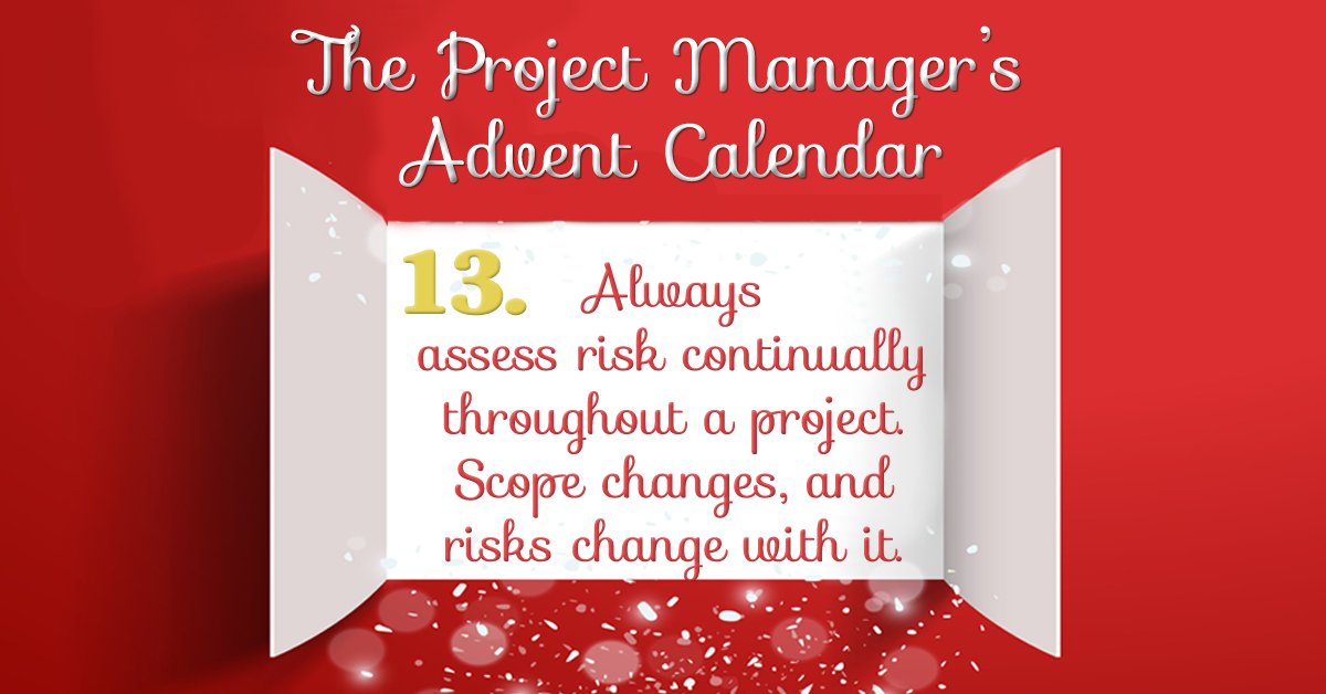 prince2blog's tweet photo. #WednesdayWisdom
Throughout a #project, you should routinely manage #risk. Take a step back to see where things could go wrong, or if there are any potential #opportunities that might be missed!
#leadership #ProjectAdvent #projectmanagement #pmot https://t.co/NjGXfH7OiE