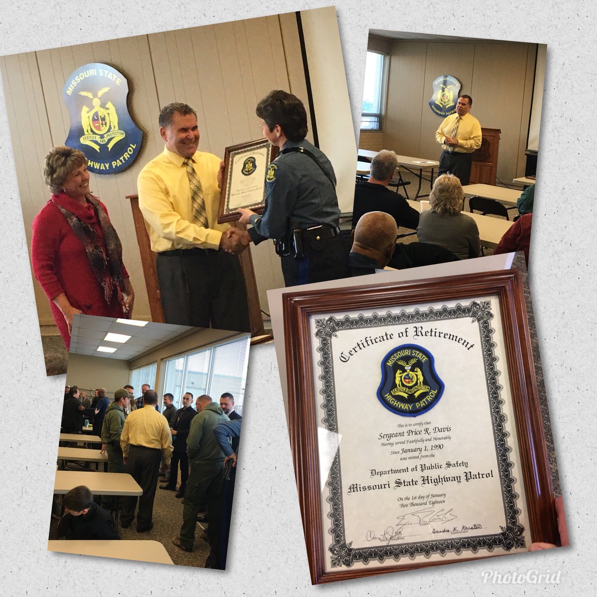 MSHPTrooperA's tweet photo. Sgt. Andy Davis celebrates with family, friends &amp; colleagues on his retirement!!  Sgt. Davis retires officially on January 1, 2018 w/ 28 yrs of service with the Patrol!! Congrats Andy on your retirement!! #service #protection #retirement https://t.co/gaFuxMIKxV