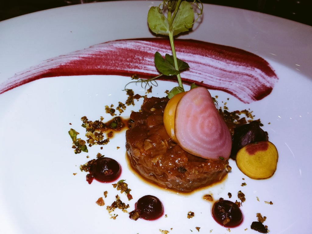 OLMEGA's tweet photo. Chef&amp;Vine|Oneric at Reuben's @OOCapetown Second Course! Rooibos smoked beef tartar, beetroot puree, sous video egg yolk, pistachio crumble, pickled beets and salt baked beets #PairingIsCaring https://t.co/g5E2YNIBF8