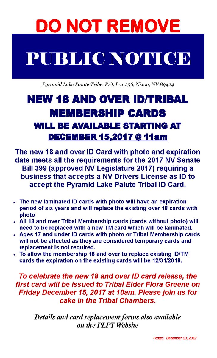 New 18 and Over Tribal ID cards will be available Dec 15! These will meet the requirements of #SB399, requiring businesses to accept Tribal ID similar to NV Driver's License. For more info, check out our Facebook and Websites! #plpt
