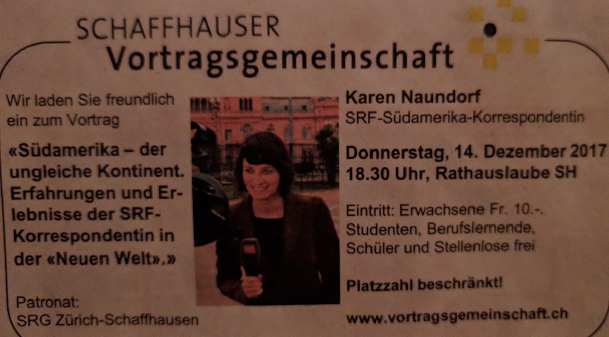 morgen Abend dürfen wir #Südamerika-Korrespondentin <a href="/karen_naundorf/">Karen Naundorf</a> zu einem #Referat in #Schaffhausen begrüssen. Kurzentschlossene herzlich willkommen.🇦🇷👍  <a href="/srfnews/">SRF News</a>