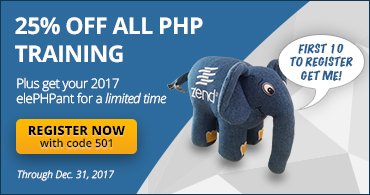zend's tweet photo. End of year training discount!
Every single #PHP, Zend Server, Zend Framework, security & Apache course is 25% off through December 31, 2017
Plus first 10 registrants receive the exclusive #501ElePHPant
Sign up now: https://t.co/TI5VV4SEV2 https://t.co/b12qwjhPqx