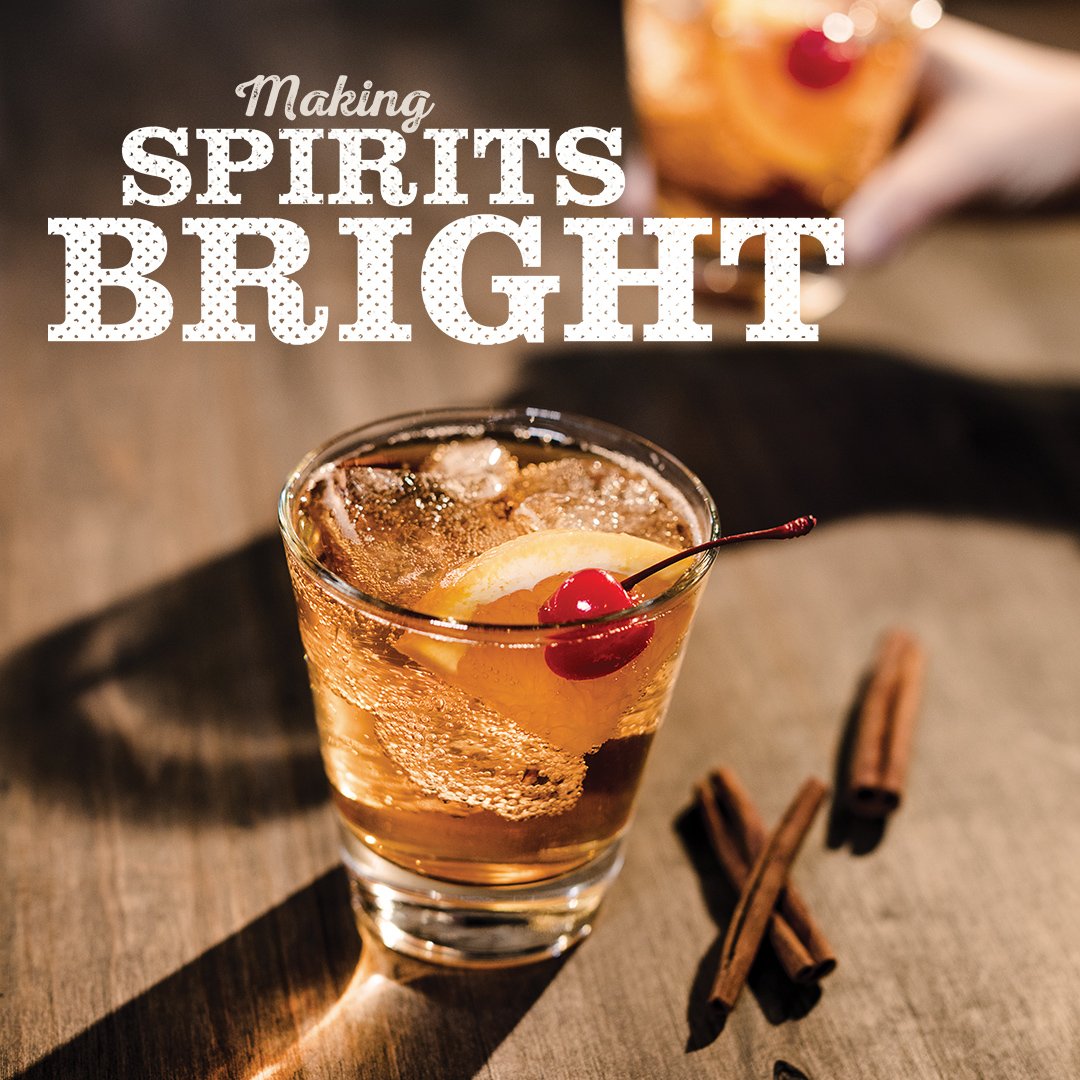 Seasonal Cocktails that Rock! Come try our limited time Cinnamon Old Fashioned. #makingspiritsbright #rockbottom #happyholidays