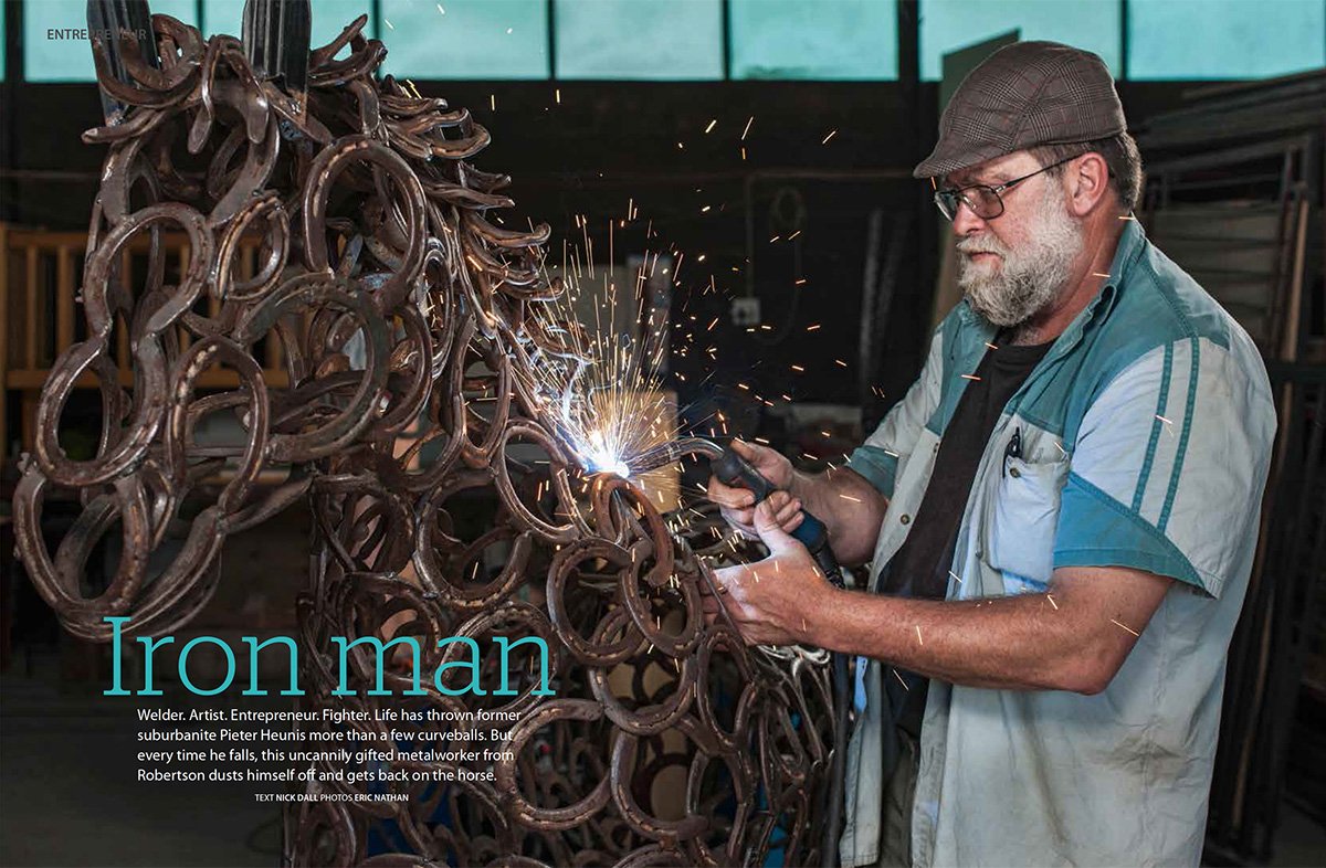 Opening spread from an assignment I shot for Go! Platteland magazine about an artist/welder creating amazing full-size horse sculptures out of old horse shoes. The issue is on the shelves in South Africa now.