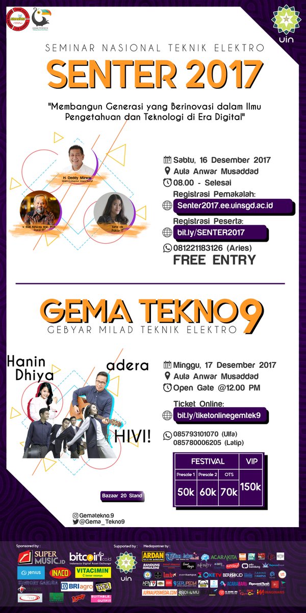 Mau seminar gratis?
Mau donor darah?
Mau nonton hivi,hanin dan adera?
Pas banget buat kalian yang minggu ini belum tau mau kemana, yuk langsung aja kepoin twitternya 👯 <a href="/Gema_tekno9/">Gema Tekno 9</a> #Bandung #Event #Gematekno9 #music
