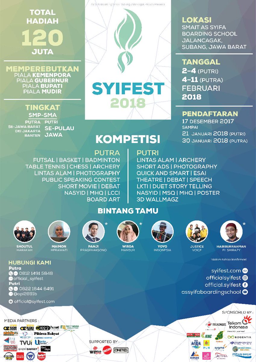 -Assyifa Boarding School Proudly Present-
🎉 ASSYIFA FESTIVAL 2018 🎉

💥Salam Pemuda!!

✨Warisan negeri telah menunggu tangan-tangan emas selanjutnya.
  🔹Siapkah kalian untuk menggenggamnya?
  🔹Jadilah Pewaris Kejayaan dengan Menorehkan Tinta Emas untuk Masa 
Depan❗✨