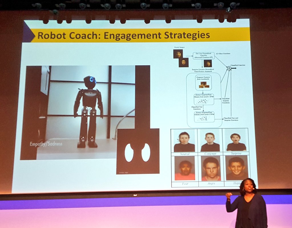 carnegiescience's tweet photo. When the #TherapyBot's mimicked #emotions match the child's emotions, the child feels bonded with the #robot, engages more fully in #therapy says Ayanna Howard.  #PediatricRobotics https://t.co/9ek5yPqk3Z