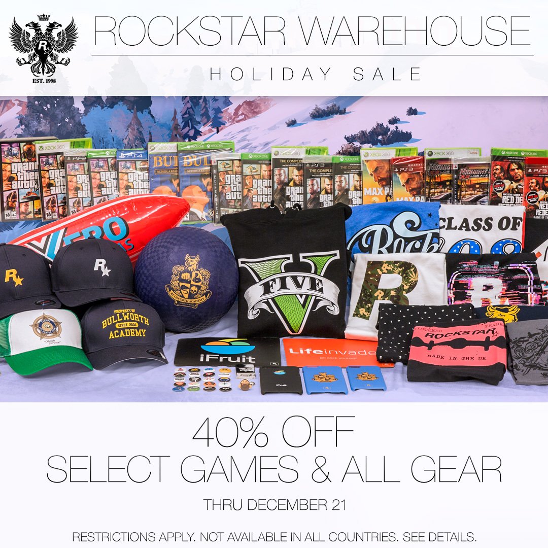 Now through Thursday, December 21 get 40% off select games and all gear and collectibles during the Rockstar Warehouse Holiday Sale: rsg.ms/b505e31