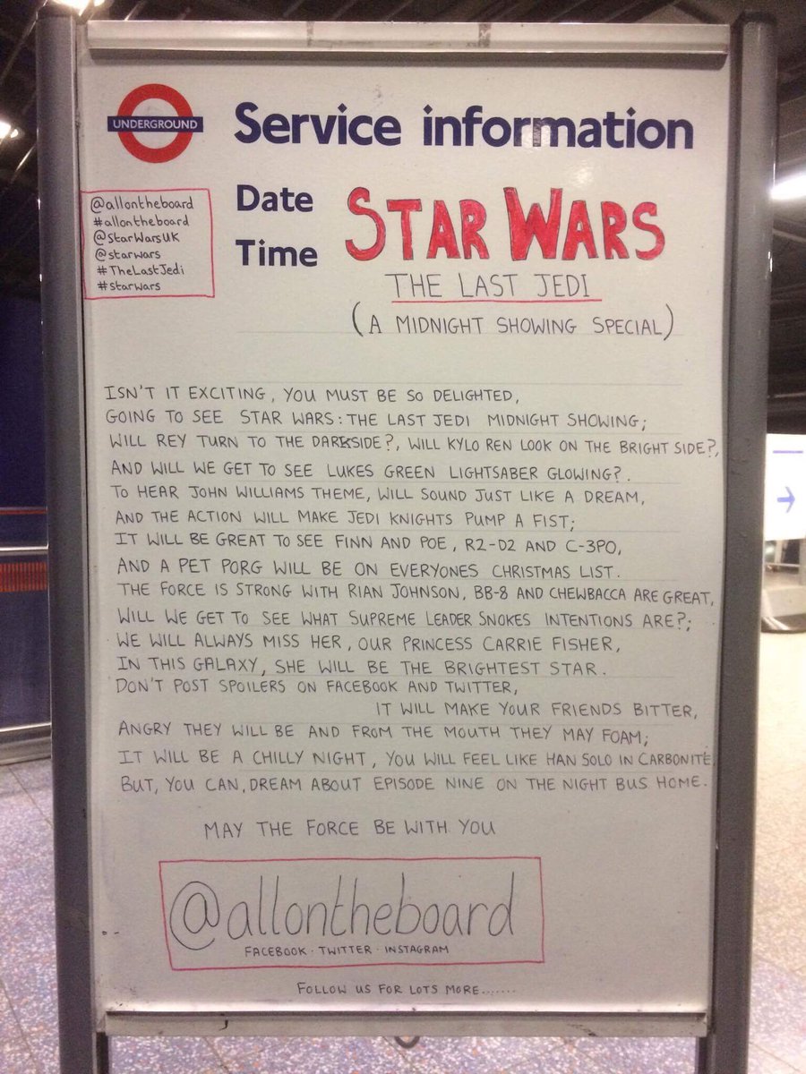 allontheboard's tweet image. This one is for all the Star Wars fans making it out to those midnight screenings. @allontheboard @Disney @hamillhimself @oscarisaacofficial @starwars @JohnBoyega @visitlondon @carrieffisher @boxofficemojo #starwars #starwars8 #Disney @GraceRandolph #CarrieFisher #cinema @TfL