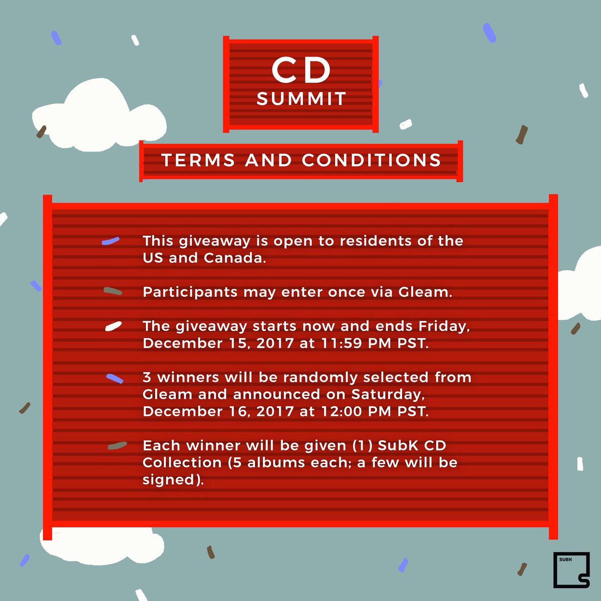 SubKultureEnt's tweet photo. Toot toot! The #SubKSantaExpress ๐ has made its 4th stop at CD Summit ๐ฟ Click the following link to enter for your chance to win the SubK CD Collection, which includes 5 random albums (a few will be signed ๐) from some of your favorite K-pop artists ๐ถ: https://t.co/WX8mb7zftl https://t.co/CSDPZVY8fh