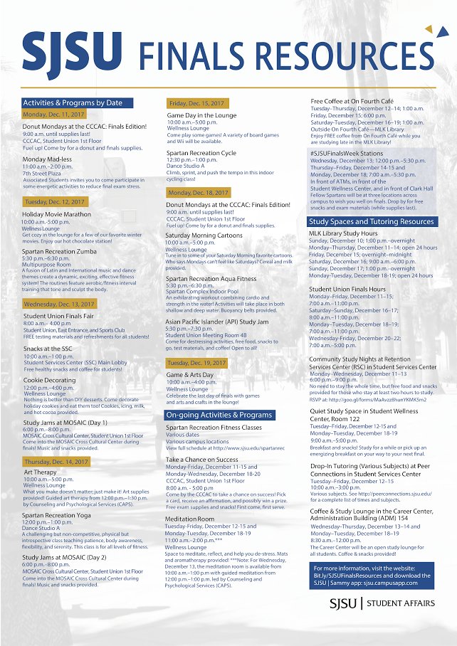getinvolvedSJSU's tweet photo. Resources!! #CheckOutTheFlyer #SpreadTheWord #SJSU #Finals2017 https://t.co/eD1WSzqtzS