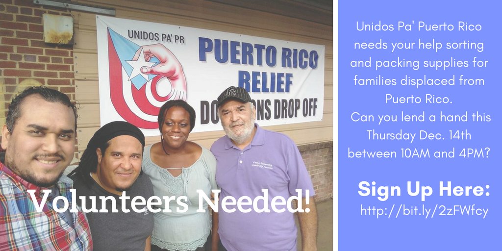 Xiente (@xiente_) on Twitter photo We need your help! Thursday Dec 14 we are making care packages for families displaced from Puerto Rico. Can you lend a hand? 10AM - 4PM <a href="/UnidosPaPR/">Unidos Pa'PR</a>, 965 E Erie Ave, entrance on I St. Look for the big Unidos banner! Sign up to volunteer here: bit.ly/2zFWfcy We need your help! Thursday Dec 14 we are making care packages for families displaced from Puerto Rico. Can you lend a hand? 10AM - 4PM <a href="/UnidosPaPR/">Unidos Pa'PR</a>, 965 E Erie Ave, entrance on I St. Look for the big Unidos banner! Sign up to volunteer here: bit.ly/2zFWfcy