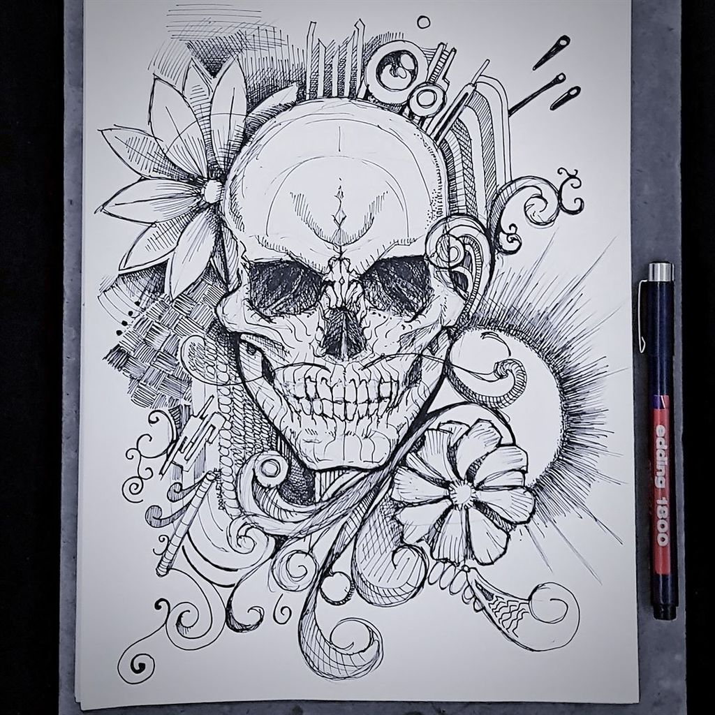 Ben Krefta on X: Another one of those days when you want to draw  something, don't know what, so just start doodling random stuff! #sketch  #doodle #ink #skull #drawing #tattoo #art Via