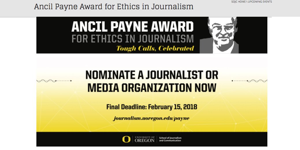 damianradcliffe's tweet image. Nominate a U.S. based media org and/or journalists who has exhibited the highest standards of ethical conduct in journalism during 2017.

$10,000 prize for the winner. 

Find out more: journalism.uoregon.edu/events/payne-a…
Nominate here: oregon.qualtrics.com/jfe/form/SV_8C…

+ Please spread the word!