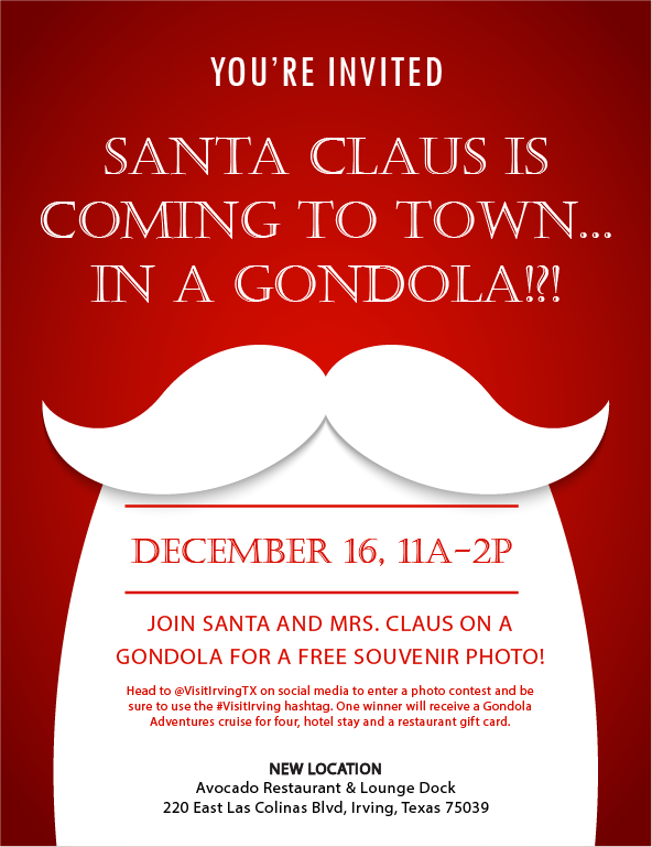 VisitIrvingTx's tweet photo. Santa Claus is coming to town... in a Gondola!?! That's right, Santa ditched the sled and has upgraded his ride. Join him and Mrs. Claus for a FREE souvenir photo on Sat, Dec 16 from 11 a.m. to 2 p.m. at Avocado Restaurant &amp; Lounge dock. Learn More: https://t.co/bWbMBRZEez https://t.co/N8KyRCT4yI