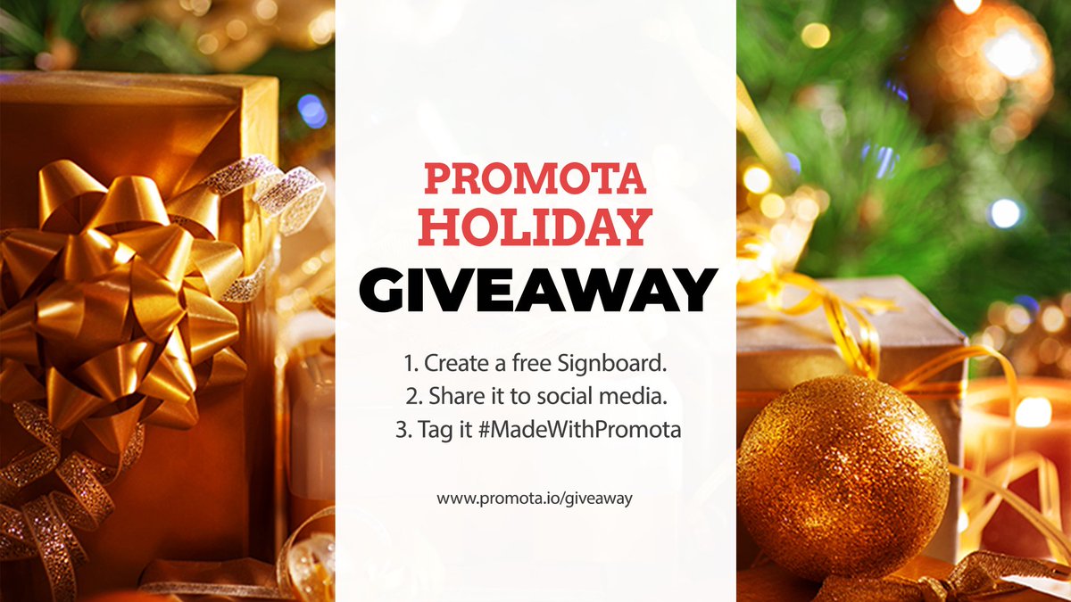 App_Promota's tweet photo. ๐
HOLIDAY #GIVEAWAY๐
Prizes: $100 VISA/Amazon gift card, Hotspot, Google Home, Amazon Alexa, or a mystery gift box
To enter, simply share your signboard to Facebook, Instagram, or Twitter. Tag it #MadeWithPromota so we can find it!
More info on our blog: https://t.co/sByk94lsFX https://t.co/gq5YTLwEPJ