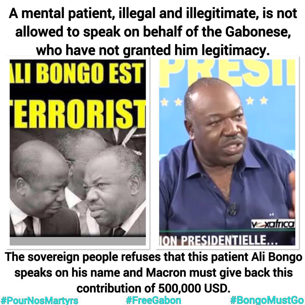 BrunoCacique's tweet photo. #Gabon #OnePlanelSummit # MacronRendAuPeupleGabonaisLes500000USD
#Ali Bongo is incapacitated in the sense of the law, his donation is void and worthless without the approval of the people.
@CNNAfrica @bbcafrique @ABC @brett_l_carter @BBCBreaking @jo_leinen @washingtonpost @AFP https://t.co/EeQ2X4OZbT