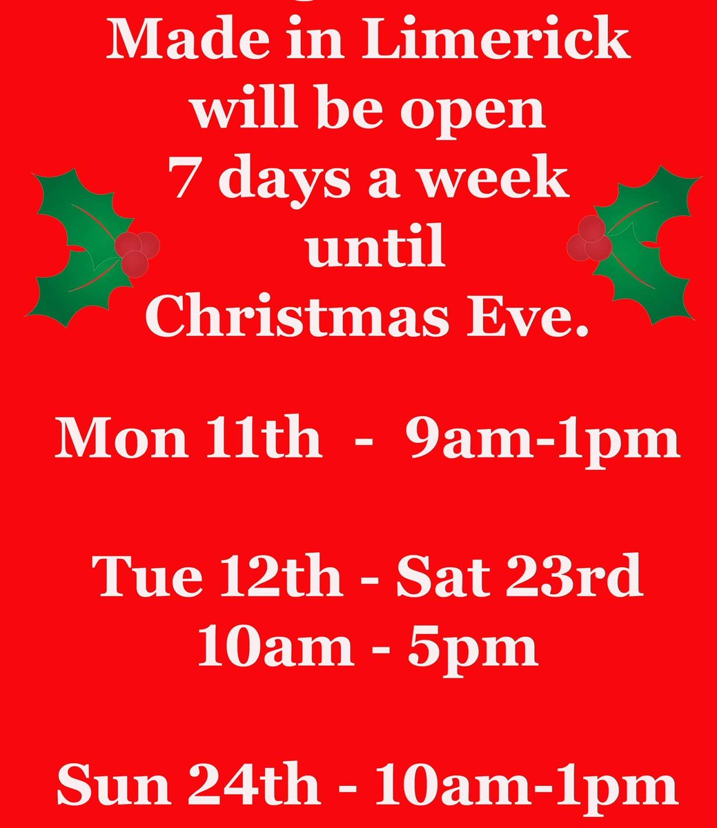 Exciting news!! MADE is open between now and Christmas EVERY day. #shoplocal #madeinlimerick #craft #handmade #ChristmasinLimerick #giftsforher #giftsforhim #giveirishcraft #ceramics #textiles #prints #cards #glass #jewellery #blacksmith #woodwork #pebbleart #art #skincare