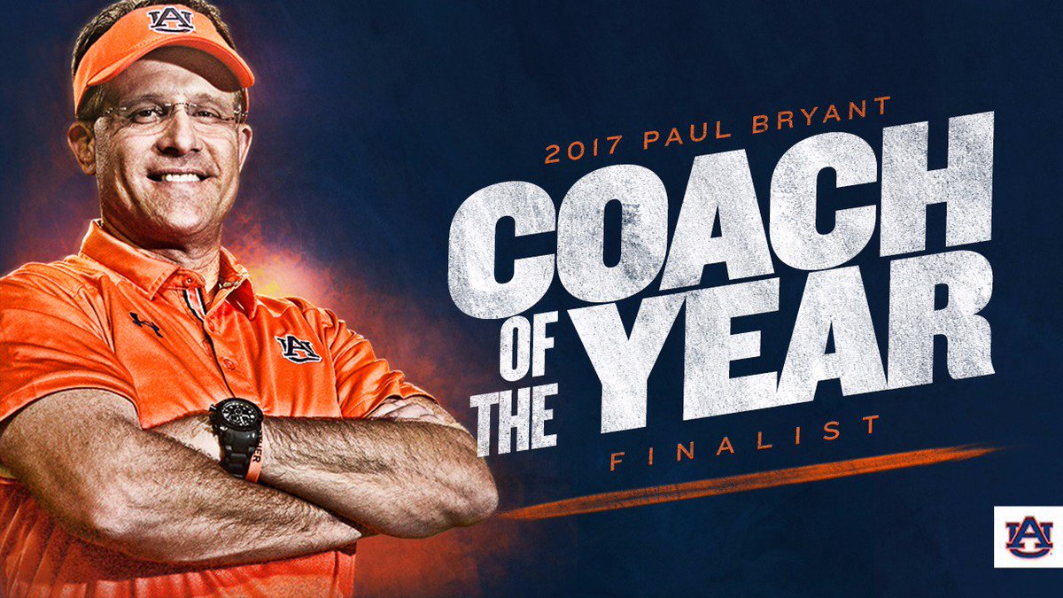 AuburnFootball's tweet photo. .@CoachGusMalzahn named a finalist for the 2017 Paul Bryant Coach of the Year award.

📰 » https://t.co/woB0TKUD44

#WarEagle https://t.co/XSeTOrYqJo