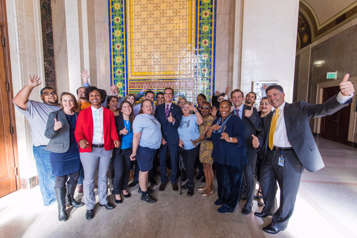 MayorOfLA's tweet photo. We gathered on the steps of City Hall to celebrate a historic moment in Los Angeles with the coalition that helped make it possible — housing and community advocates, and City Council leaders who voted unanimously for the Affordable Housing Linkage Fee. https://t.co/xhgXDWSkyz