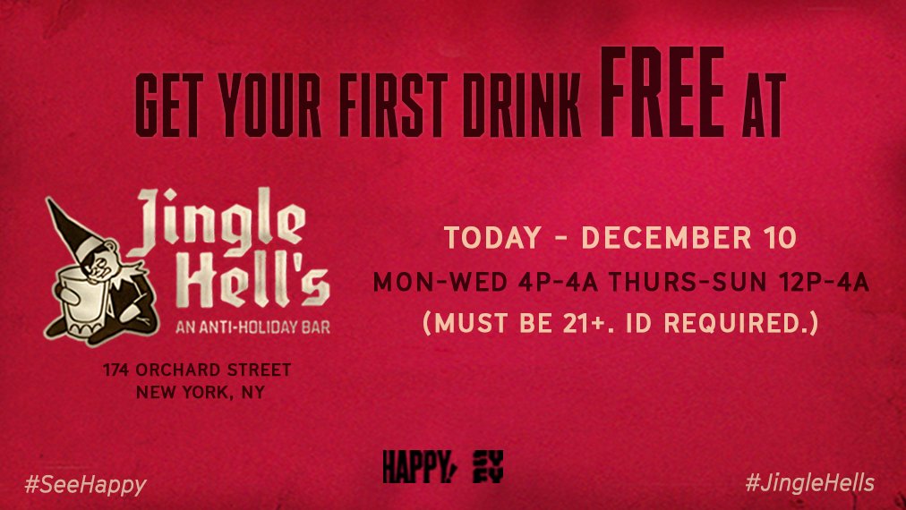 HappySYFY's tweet photo. DRINK FOR FREE AT #JINGLEHELLS! At least from 2-4pm 😉

Check out the anti-holiday bar, 12/1-12/10, in #NYC: https://t.co/YVY5GDI3oo #SeeHappy https://t.co/XIrT1A39Kg
