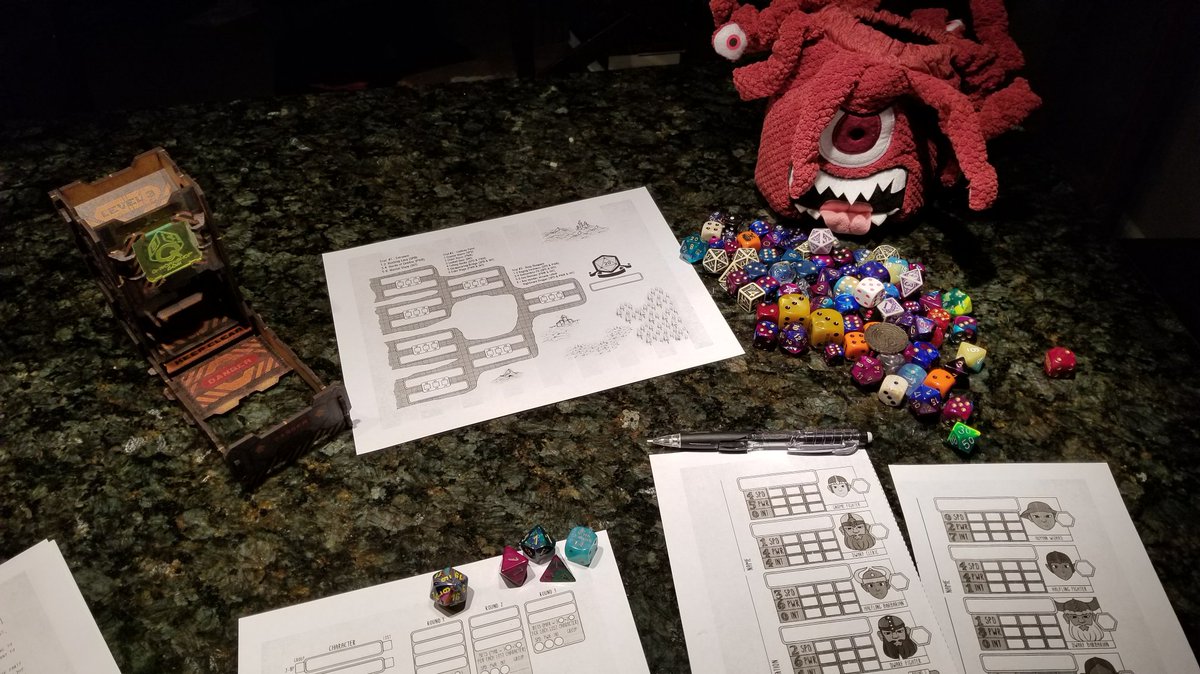 Hahnarama's tweet photo. I've got #dice , a dice tower, PnP, and #eggnog 🥃 Let's get ready to RUMBLE!  #semifinalfantasy https://t.co/KRLYsVpsuJ