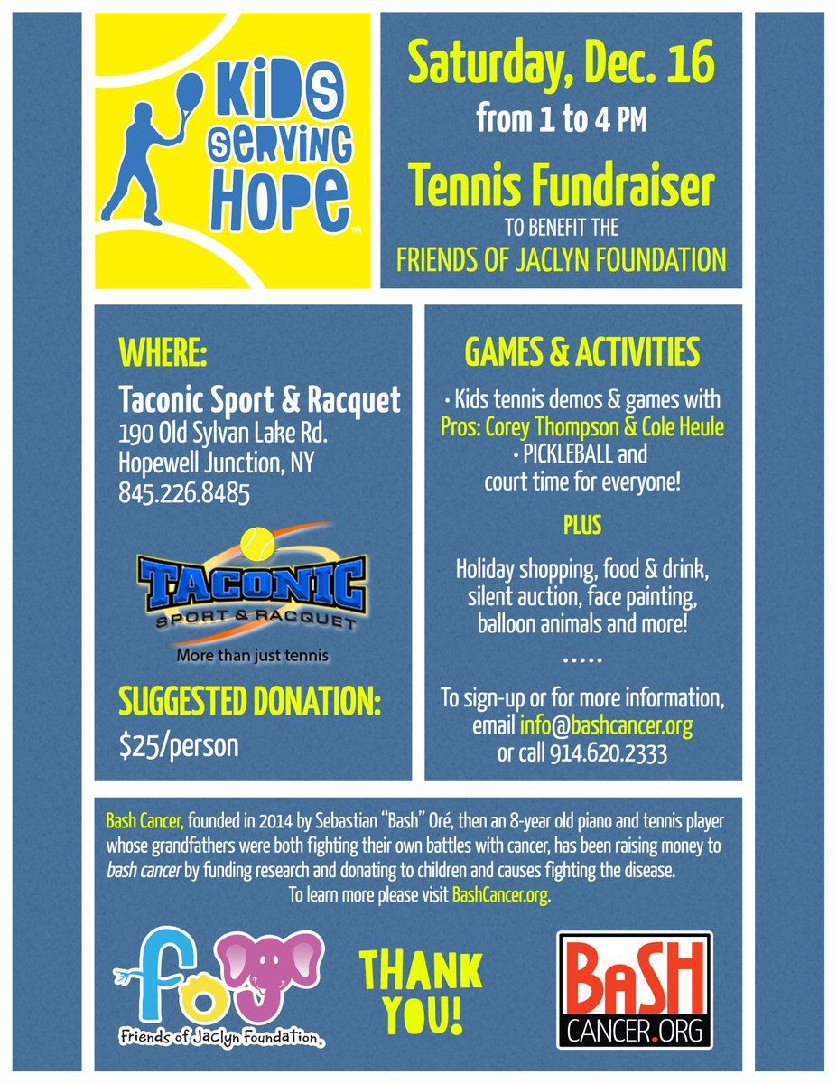 BashCancer's tweet photo. @HudsonValleyFun Hope you can all join us at @TaconicRacquet on Dec. 16 for a great afternoon to benefit the @FoJFoundation https://t.co/1loESgh4XL