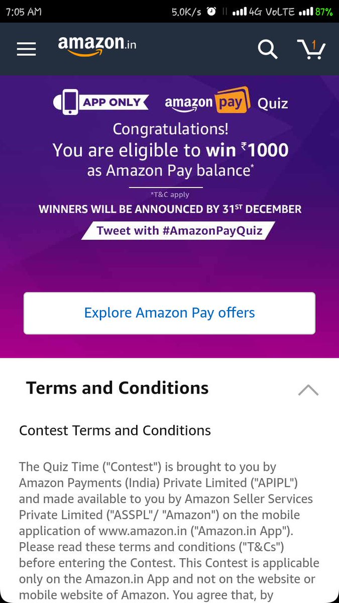 susmigo1210's tweet photo. #AmazonPayAppQuiz
I had finished the quiz successfully and was able to get the gifts hurryyy.. Sounds good https://t.co/s3bpzFgrma