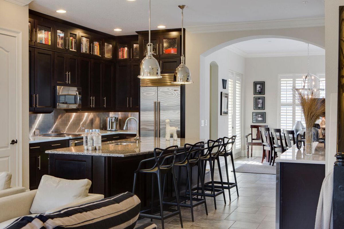 WolfeRizor's tweet photo. We love how this kitchen turned out- with gleaming stainless steel contrasting with matte black cabinets and barstools. https://t.co/9QsktliCUZ