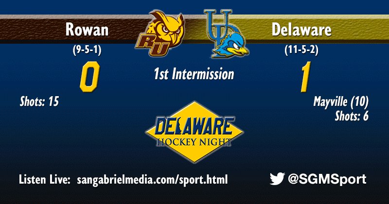 Through 1: @UDhockeyD3 1, <a href="/Rowan_D3_Hockey/">Rowan D3 Hockey</a> 0.
<a href="/CMayville/">C M</a> gets his 10th of the season midway through!
Listen live to <a href="/dvchc_media/">DVCHC Men's Hockey</a> action at sangabrielmedia.com/sport.html  or mixlr.com/sgm-sport 
#LoveThisGame #DEHockeyNight