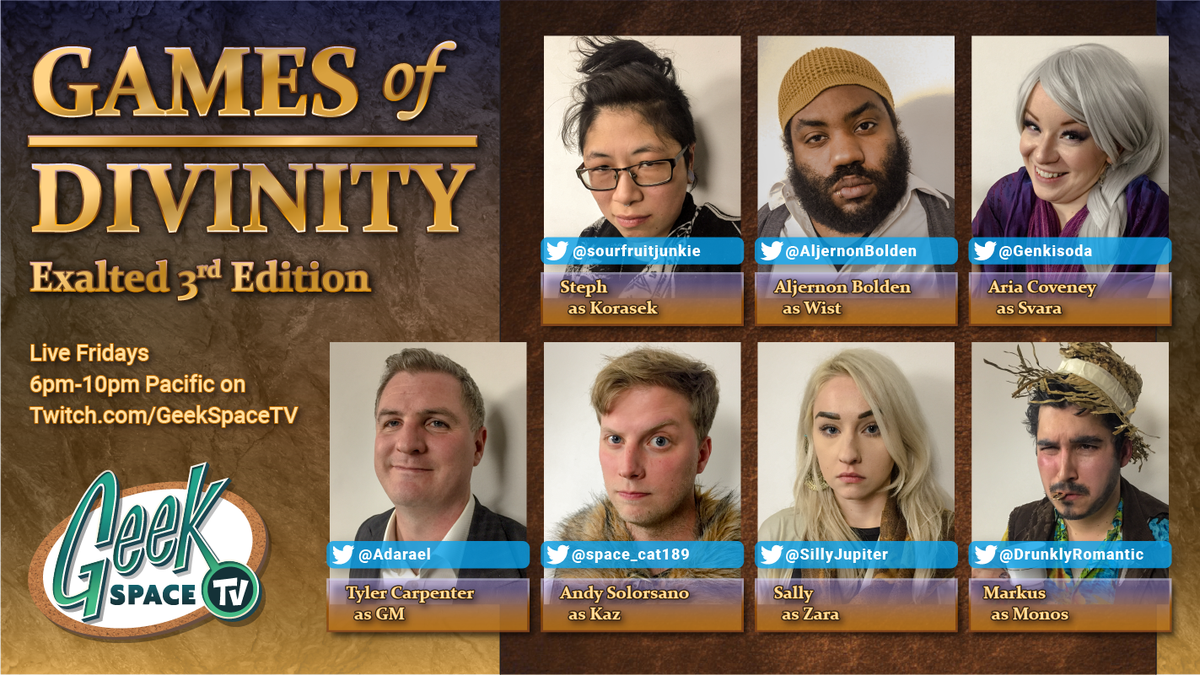 GeekSpaceTV's tweet photo. ๐บ #GeekSpaceTV is Live!
๐ GM @Adarael
๐ฒ Cast:
@sourfruitjunkie
@AljernonBolden
@Genkisoda
@Space_Cat189
@sillyjupiter
@DrunklyRomantic
https://t.co/pvNpoQvMbE
#GamesOfDivinity #GamesDiv https://t.co/kXV6IwAjsZ