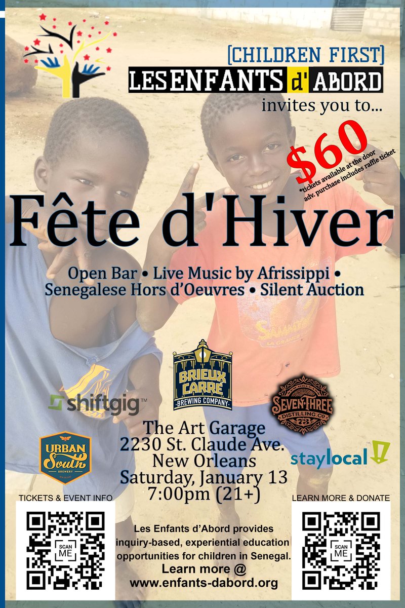 Please join us for our Fête d'Hiver on January 13 in New Orleans, Louisiana! Live music! Open bar! Senegalese food! A GREAT CAUSE! Tickets on sale here: ow.ly/PWIA50fuySP