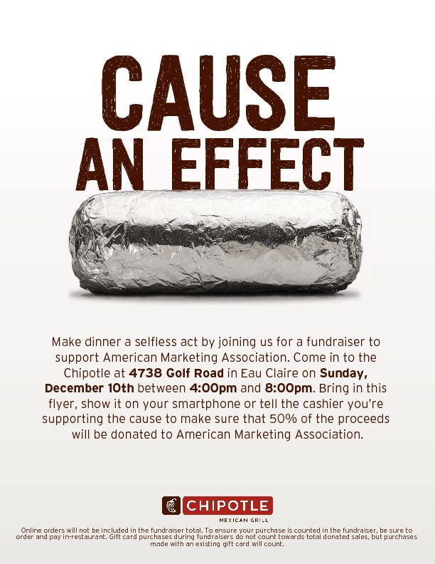 AMAEauClaire's tweet photo. Happy Friday everyone! We will be hosting a fundraiser at Chipotle Dec. 10th from 4-8pm! Mark your calendars and come out to help support your local AMA club! Make sure to show the flyer below to the cashier or tell them your supporting the fundraiser! https://t.co/ZporouzbN5