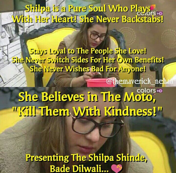 shruthi_george's tweet photo. Shilpa stays loyal to the one who she loves and never changes side. WE SUPPORT SHILPA .. ❤❤❤
#nobackstabbing
#Shilpawinninghearts #bestplayer #bb11 #killthemwithkindness https://t.co/uKlOFH2A5N