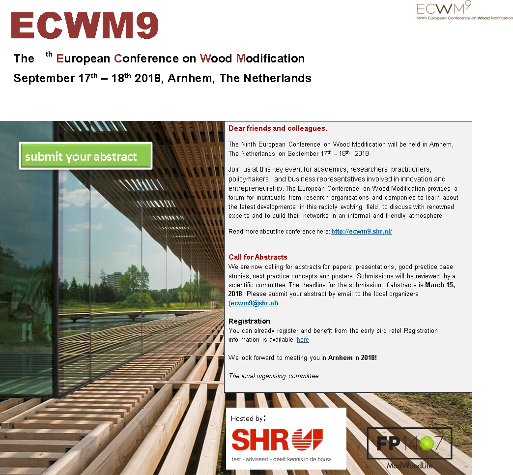 InnoRenewCoE's tweet photo. Call for abstracts - #ECWM9, the 9th European Conference on #Wood Modification in Arnhem, The Netherlands. Submit an abstract and register here:
https://t.co/hYcXOCIp3U https://t.co/HGuwNWY9Ak