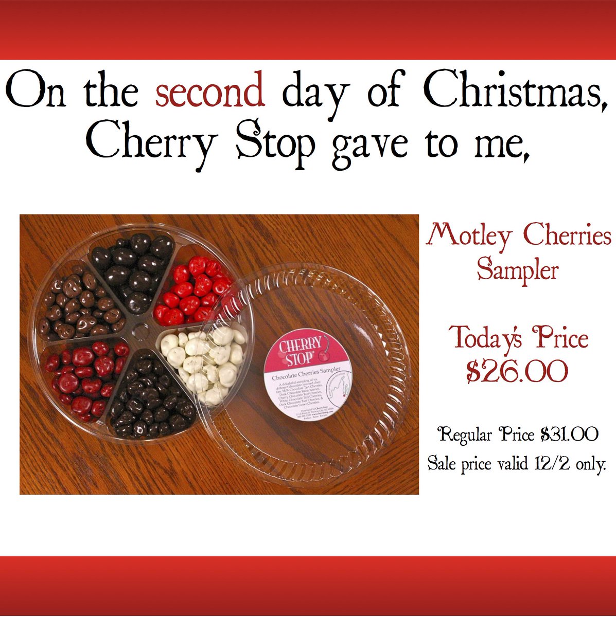 cherrystop's tweet image. On the 2nd Day of #Christmas, try a little of everything with the Motley Cherries Sampler Tray. 6 luscious chocolate cherry varieties in one great gift! ow.ly/VdsU30gUqhF