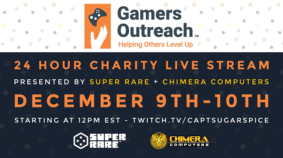 WeAreSuperRare's tweet photo. Prepare yourself! For the very first #WeAreSuperRare 24-Hour charity stream for @GamersOutreach! Next weekend! 12 Broadcasters, 8 Events, 24 hours of awesome! Help us reach our goal and bring joy to children in hospitals this holiday season! Sponsored in part @ChimeraComputer. https://t.co/MP3GdEgpAi