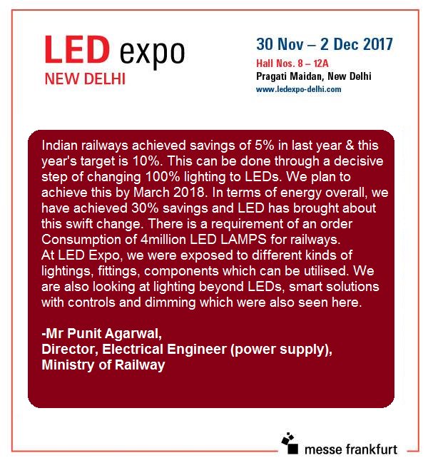 LEDExpoIndia's tweet photo. #IndianRailways is taking decisive steps to adopt maximum energy efficiency by shifting to 100% LEDs by March 2018 & #LEDExpo17 #NewDelhi is providing them with just the right platform to achieve their goals. #LEDRevolution #LEDExhibition #GovtOfIndia @RailMinIndia https://t.co/FEFOxEod3i