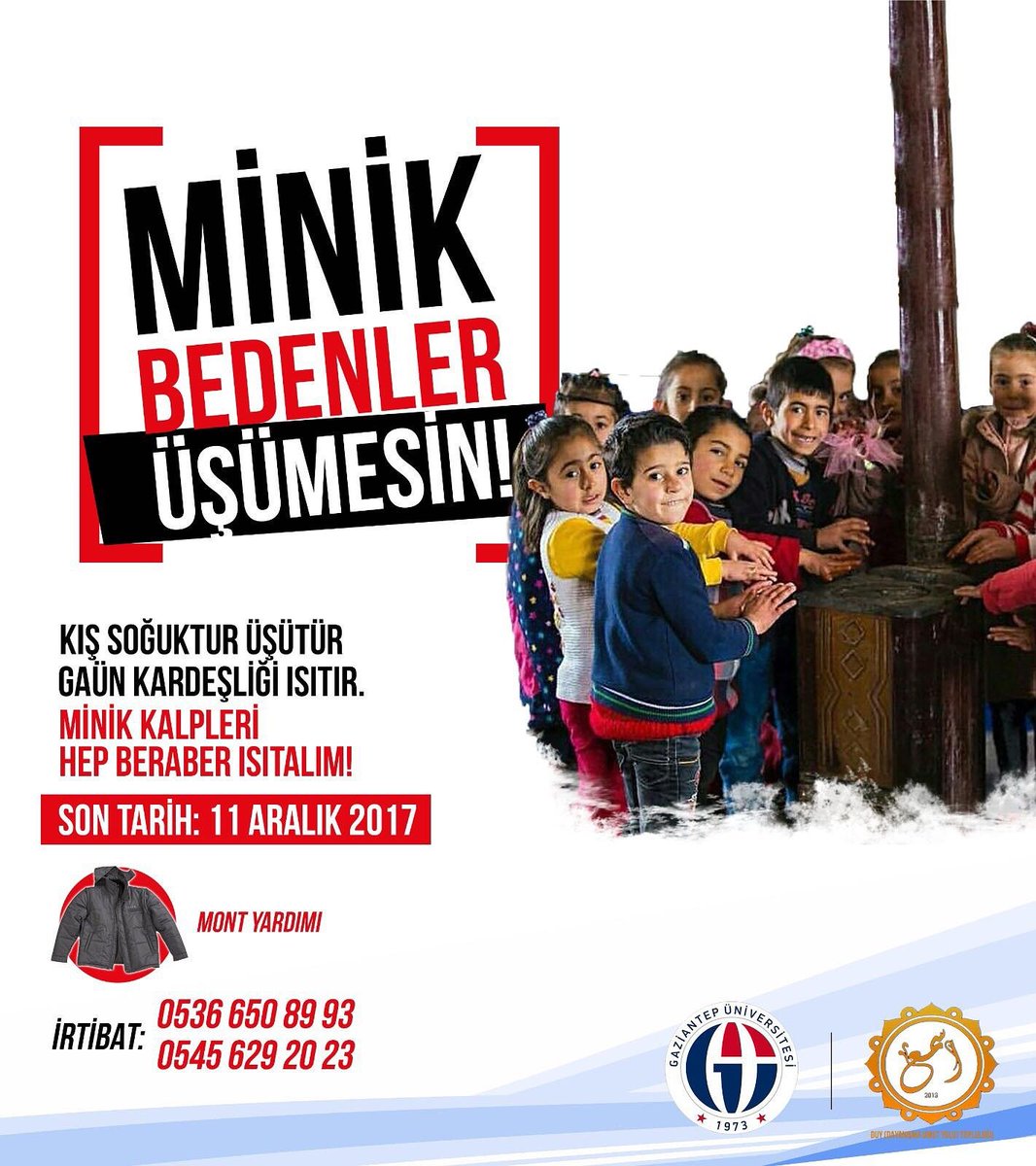 Fakültemiz DUY Topluluğu tarafından,Gaziantep'te  yer alan İlkokul ve orta okullar arasında belirlenecek olan okullarda öğrencilerin kışlık kıyafet ihtiyaçlarının karşılanması hedeflenmektedir.Tüm dostlarımızı Minik Bedenler Üşümesin projesine destek vermeye davet ediyoruz.