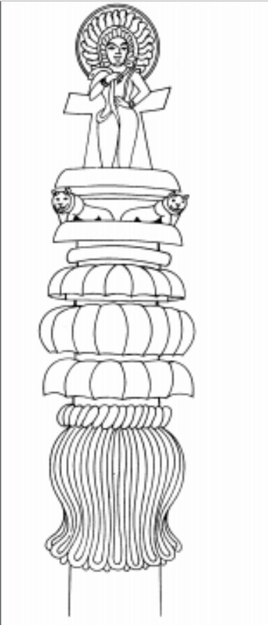 TrueIndology's tweet image. Did you know? The top of Iron pillar in Qutub Minar complex had a Vishnuchakra and probably also a Hindu murti at the top. 

Its original name was Vishnu Dhwaja, as recorded in the Gupta era inscription on its face
The left picture depicts an archaeological reconstruction