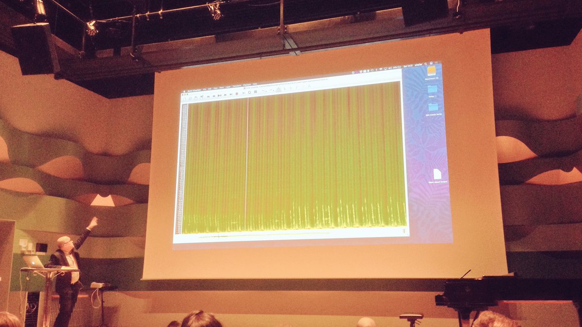 IntelSoundEng's tweet photo. Massive Sonic Visualiser (from our @c4dm @soundsoftwareuk colleagues!) to aid spectral analysis of acid TB-303 tracks, at #ARP2017. 
A bit more raving than the usual programme in this pipe organ / concert grand room. 

Presentation by Larry Whelan @UniWestLondon . https://t.co/p90ls20edI