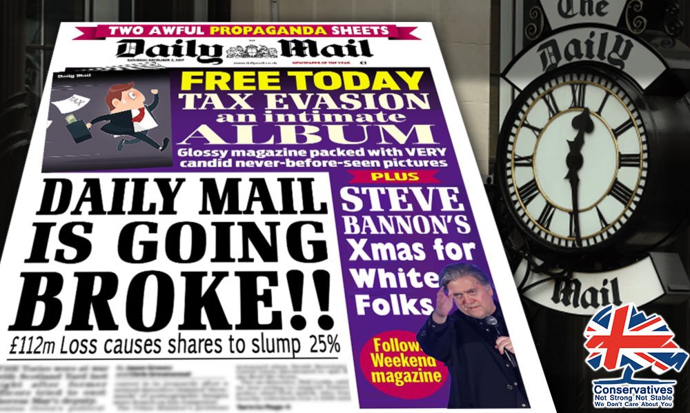 StrongerStabler's tweet photo. The Daily Mail group has suffered huge losses - in spite of failing to pay tax! The right wing gutter rag is suffering for the bile it spews. Advertisers have pulled ads - let's keep pushing. UK needs less propaganda and more real journalism #DitchTheDailyMail #ParadisePapers https://t.co/hZXcVSwEzm