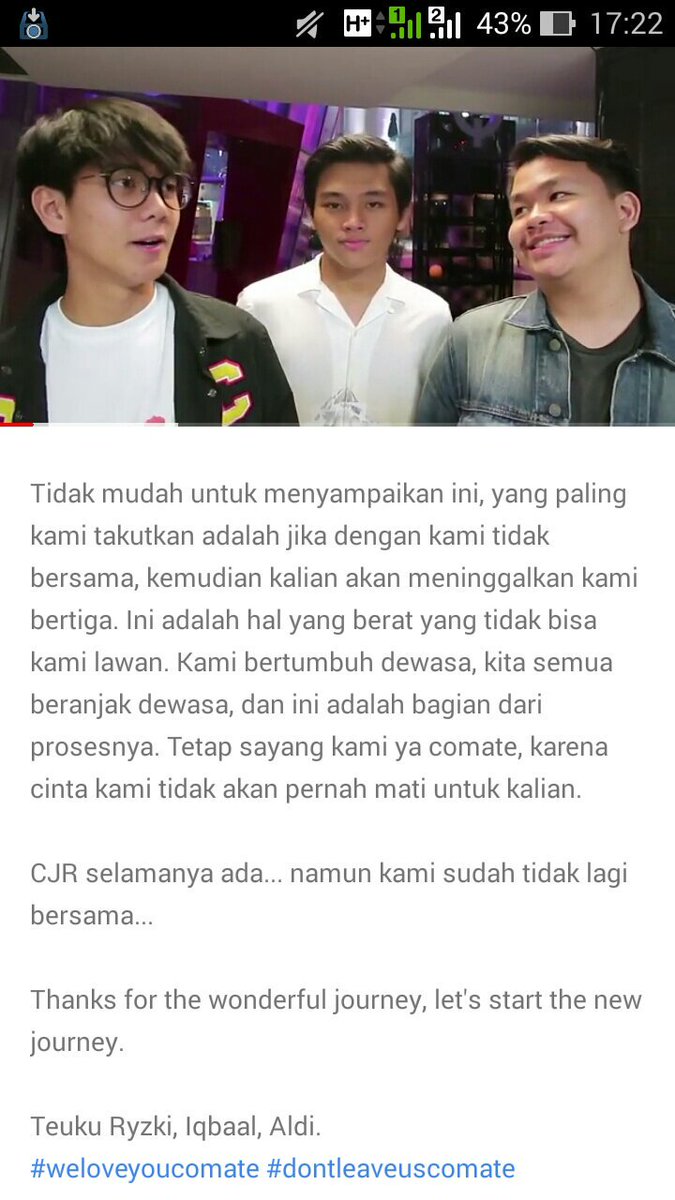 Videonya udah dishare. Sebelum nonton, udah baca deskripsinya duluan. Dan... 
Yauda. Yagitu. 
#weloveyouCJR
#wecantleaveyouCJR
<a href="/CJRisCJR/">CJR</a> <a href="/TeukuRyz/">Teuku Ryzki</a> <a href="/AlvaroMaldini1/">AlvaroMaldini</a> <a href="/iqbaale/">iqbaal ramadhan</a> sukses terus yaa kalian. Luvluvluv u all❤