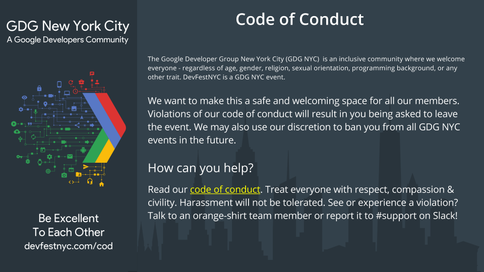 GDGHudsonValley's tweet photo. (Pinned Message for #DevFestNYC

Learn more about our code of conduct here:
https://t.co/96TGBWIOJj

Learn more about the schedule here:
https://t.co/tEPo9NrsQs https://t.co/QbiRo8HXqE