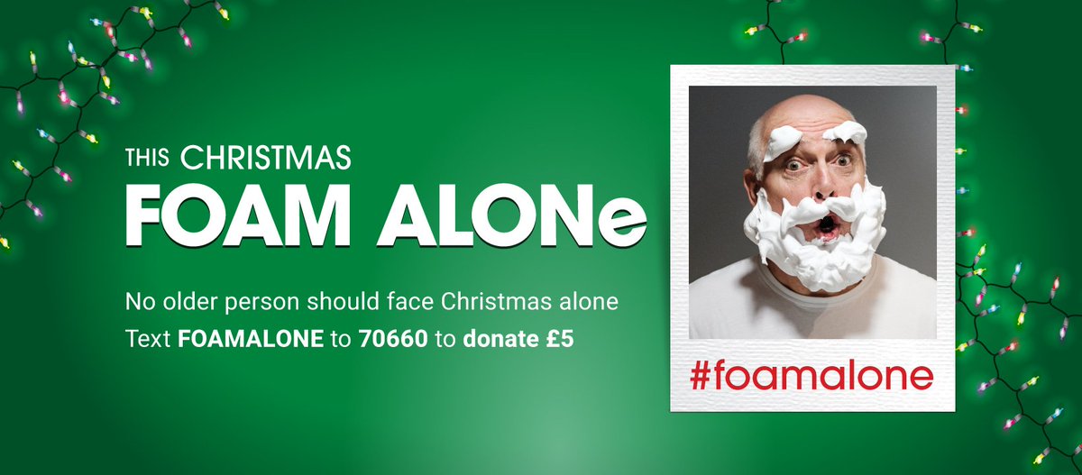 TheSilverLineUK's tweet photo. December is here, so it's time to get festive and foam up your face for #FoamAlone! It costs just £5 to answer a call from an isolated or lonely older person this Christmas, so text FOAMALONE to 70660 to donate £5. Find out more: https://t.co/3UPNR946KB https://t.co/u1A86TLzHX